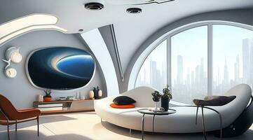 futuristisch hoch Technik Luxus Cyberpunk sci fi Leben Zimmer modern Innere Schlafzimmer, ai generativ foto