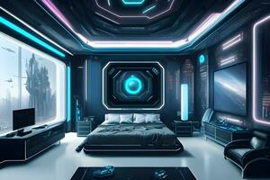 futuristisch hoch Technik Luxus Cyberpunk sci fi Leben Zimmer modern Innere Schlafzimmer, ai generativ foto