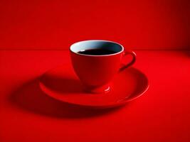 ein Tasse von Kaffee auf ein Tabelle mit ein rot Hintergrund Foto ai generativ