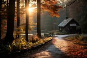 Sonnenaufgang Über ein Wald Landschaft mit Herbst Laub ai generativ foto