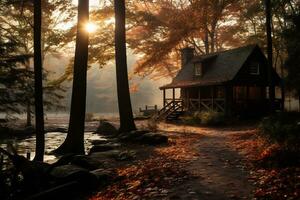 Sonnenaufgang Über ein Wald Landschaft mit Herbst Laub ai generativ foto