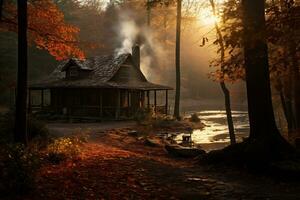 Sonnenaufgang Über ein Wald Landschaft mit Herbst Laub ai generativ foto