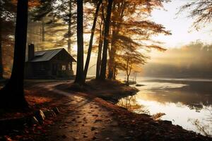 Sonnenaufgang Über ein Wald Landschaft mit Herbst Laub ai generativ foto