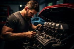erfahren Mechaniker Arbeiten im Automobil Reparatur Geschäft ai generativ foto