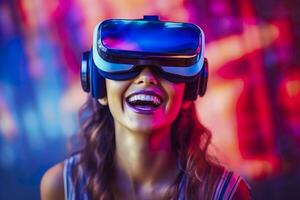 Porträt von ein lächelnd Frau im beiläufig Kleider tragen virtuell Wirklichkeit Gläser, und spielen, Neo Licht, verschwommen Neo Farbe Hintergrund, ai generativ foto