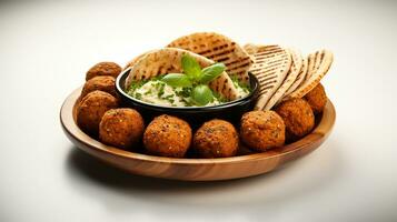 groß Teller mit Falafel und Salat auf ein Weiß Hintergrund, Restaurant Konzept, ai generiert foto