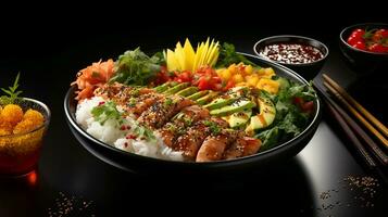 groß Teller von geschnitten Lachs, Avocado, Obst und Grüns. köstlich asiatisch Küche, Keto Diät, ai generiert foto