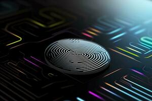 Fingerabdruck Authentifizierung Taste. biometrisch Sicherheit. Identifizierung und Cyber Sicherheit Konzept. glühend Neon- Fingerabdruck auf dunkel Hintergrund. ai generativ foto