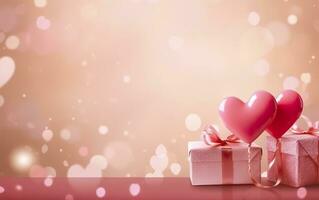 glücklich Valentinsgrüße Tag Banner. Rosa und Gold Herzen vereiteln Luftballons mit Geschenke auf Rosa Bokeh. Valentinstag Tag Hintergrund. romantisch Banner Hintergrund, leeren Raum zum Text, ai generativ foto