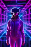 ein jung asiatisch Frau ist mit ein virtuell Wirklichkeit Headset. Neon- Licht Studio Porträt. Konzept von virtuell Wirklichkeit, Simulation, Spiele, und Zukunft Technologie. ai generativ foto