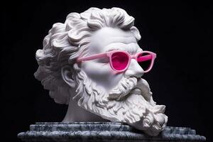 das Kopf von ein Weiß mythologisch Statue mit modisch Rosa Brille auf seine Augen, Rahmen im Profil. ai generativ foto