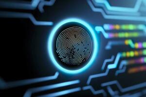 Fingerabdruck Authentifizierung Taste. biometrisch Sicherheit. Identifizierung und Cyber Sicherheit Konzept. glühend Neon- Fingerabdruck auf dunkel Hintergrund. ai generativ foto