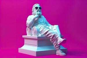 ein Weiß Statue von Plato im ein cool Pose, tragen Magenta und cyan 3d Gläser, bereit zu Party. ai generativ foto