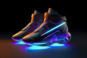 futuristisch Mode Original Turnschuhe. Zukunft Design von stilvoll Sport Schuhe mit Neon- glühen, futuristisch städtisch Ästhetik. Sportbekleidung, Stil und Mode, Morgen Schuhwerk. ai generativ foto