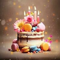 ai generativ Geburtstag Kuchen mit Kerzen auf verwischen Hintergrund foto