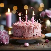 ai generativ Geburtstag Kuchen mit Kerzen auf verwischen Hintergrund Rosa Sie foto