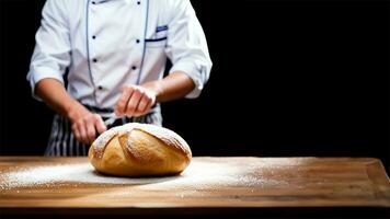 frisch gebacken Sauerteig Brot mit Zucker Pulver auf ein schwarz Hintergrund. ai generiert foto