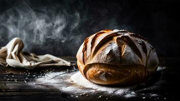 frisch gebacken Sauerteig Brot mit Zucker Pulver auf ein schwarz Hintergrund. ai generiert foto