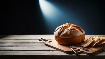 frisch gebacken Sauerteig Brot mit Zucker Pulver auf ein schwarz Hintergrund. ai generiert foto