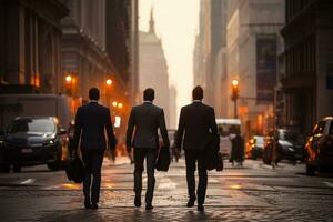 Rückseite Aussicht von drei Geschäftsleute Gehen auf das Straße im beschäftigt Stadt ai generiert foto