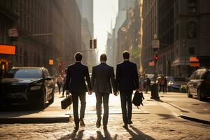 Rückseite Aussicht von drei Geschäftsleute Gehen auf das Straße im beschäftigt Stadt ai generiert foto