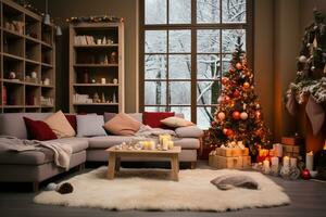 Weihnachten Leben Zimmer Innere mit Weihnachten Baum, Sofa, Kerzen und Dekorationen ai generiert foto