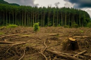 Schneiden Bäume Wald, Klima Veränderung und Umwelt Konzept, ai generiert foto