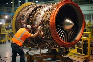 ein Ingenieur Arbeiten auf Turbine Motor zum kommerziell Fluggesellschaften ai generiert foto