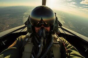 Nahansicht Aussicht von ein Pilot auf ein Jet Kämpfer generativ ai foto