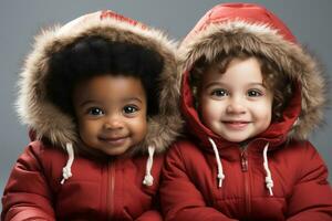 Porträt von süß vielfältig Babys auf ein Weihnachten thematisch Outfit foto