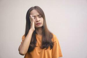 asiatisch Frau Leiden von Arbeit Stress foto