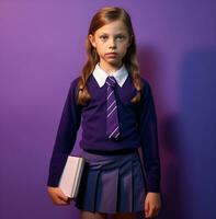 ein Schule Mädchen tragen ein lila Uniform Stehen gegen ein lila Hintergrund, Welt Studenten Tag Bilder, ai generativ foto