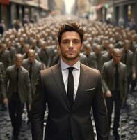 ein Mann im ein passen Gehen über ein Menge von Männer im Anzüge, Boss Tag Bilder, ai generativ foto