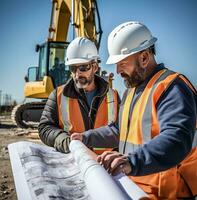 zwei Konstruktion Arbeitskräfte aussehen beim Blaupausen beim Konstruktion Projekt, industriell Maschinen Lager Fotos, ai generativ foto