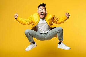 ein Bild von ein glücklich jung asiatisch Mann Springen im das Luft im Vorderseite von ein Gelb Hintergrund, ai generativ foto