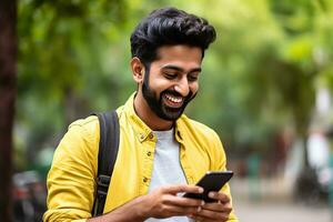 ein Bild von ein jung indisch Mann lächelnd und mit seine Telefon auf ein Gelb Hintergrund, ai generativ foto