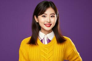 ein Bild von ein jung asiatisch Frau im ein lila Sweatshirt Arbeiten im ein Geschäft Rahmen auf ein Gelb Hintergrund, ai generativ foto
