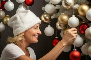 ein Foto von ein ziemlich blond Mutter tragen ein Santa Hut und Weiß Kleid dekorieren ein Weiß Weihnachten Baum mit Gold Ornamente beim Zuhause bekommen bereit zum das Freude von Weihnachten, ai generativ