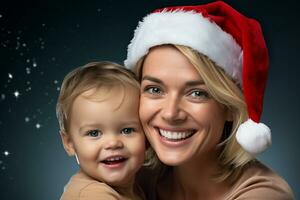 ein Bild von ein glücklich Mutter mit ihr Baby tragen ein Santa Helfer Hut, ai generativ foto