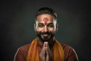 ein Bild von ein jung indisch Mann Sprichwort Hallo mit seine Hände zusammen, ai generativ foto