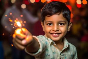 ein Bild von ein wenig Junge zeigen während Diwali, ai generativ foto