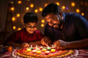 ein Foto von ein indisch Mann und seine Sohn Herstellung ein Rangoli mit Kerzen, ai generativ