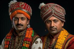 ein Foto von zwei indisch Männer im traditionell Kleidung, ai generativ