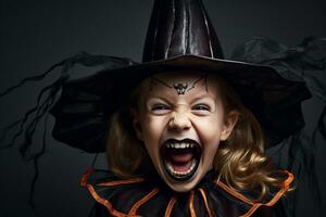 ein Bild von ein glücklich und Lachen wenig Mädchen tragen ein Hexe Kostüm zum Halloween, ai generativ foto