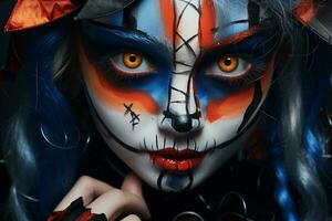 Bild von ein Mädchen Gesicht gemalt zum ein Halloween Party, ai generativ foto
