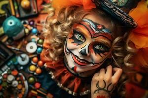 Bild von ein Mädchen Gesicht gemalt zum ein Halloween Party, ai generativ foto