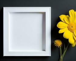 Weiß leer Rahmen Attrappe, Lehrmodell, Simulation auf Gelb Mauer und Blume ai generieren foto