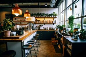 Innerhalb sauber Küche von ein modern Restaurant oder Mini Cafe mit Kochen Utensilien und klein Bar Zähler Konzept durch ai generiert foto