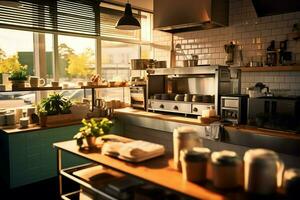 Innerhalb sauber Küche von ein modern Restaurant oder Mini Cafe mit Kochen Utensilien und klein Bar Zähler Konzept durch ai generiert foto