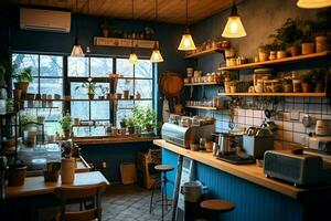 Innerhalb sauber Küche von ein modern Restaurant oder Mini Cafe mit Kochen Utensilien und klein Bar Zähler Konzept durch ai generiert foto